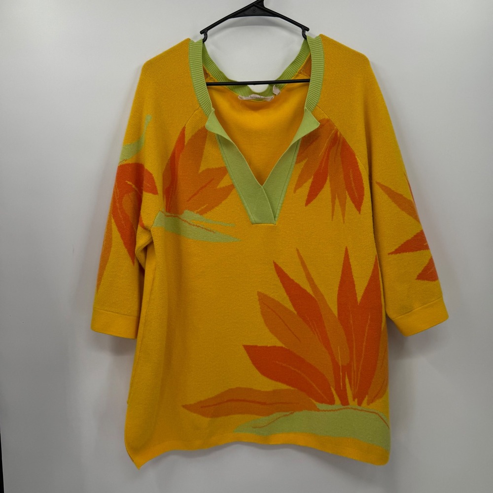 Soft Surroundings Yellow Bird of Paradise V Neck Sweater Tunic‎ XL